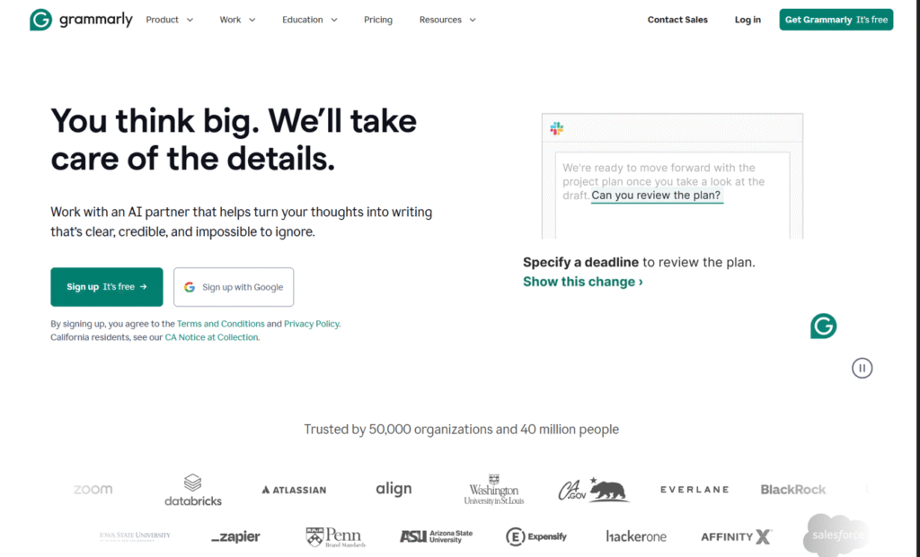 grammarly landing page